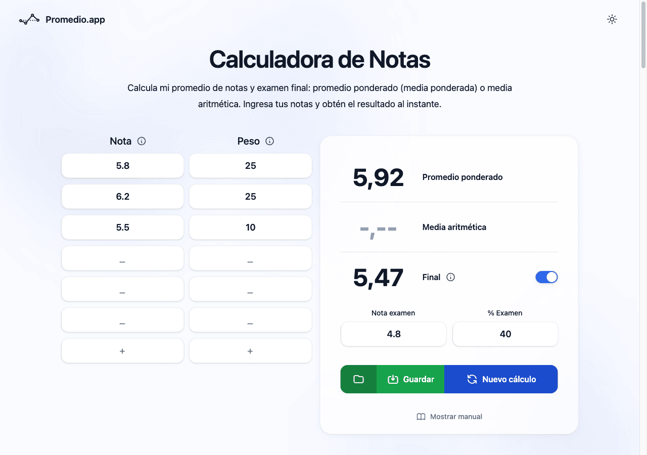 Simulación de examen final en la calculadora de notas Chile en Promedio.app