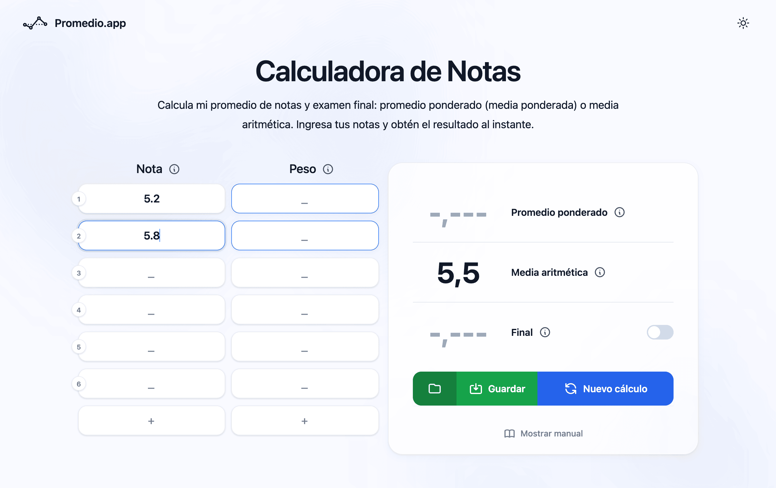 Calculadora de promedio anual por asignatura Chile — media de 2 semestres en Promedio.app