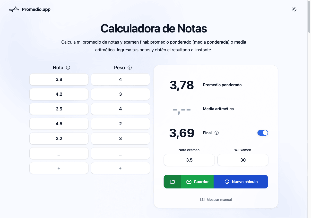 Simulación de examen final en la calculadora Promedio.app para Colombia