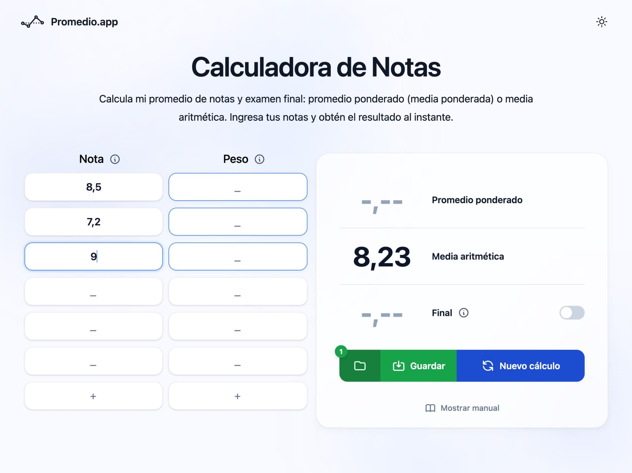 Calculadora de media aritmética para bachillerato Ecuador en Promedio.app