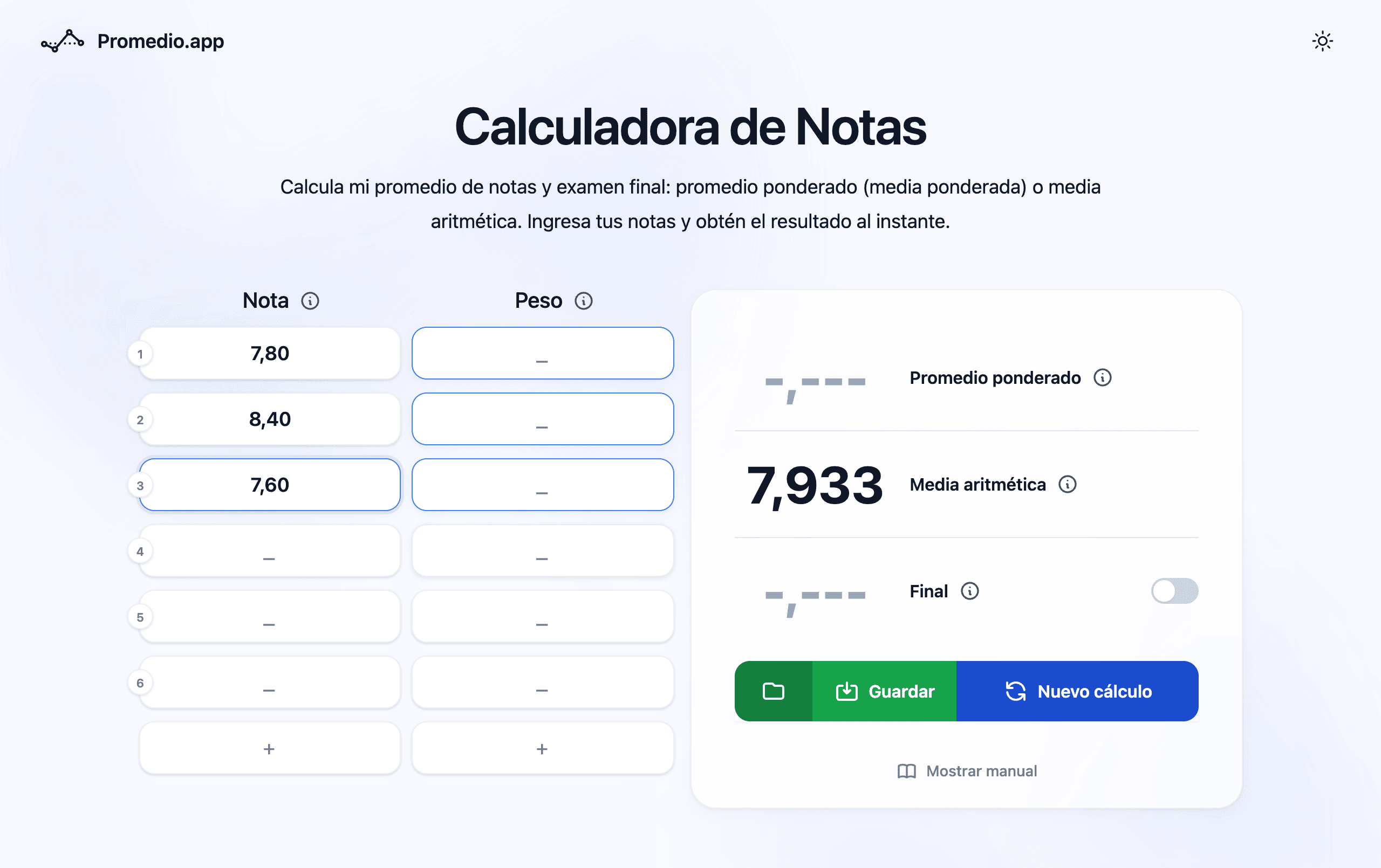 Calculadora de promedio anual por asignatura Ecuador — media de 3 trimestres en Promedio.app