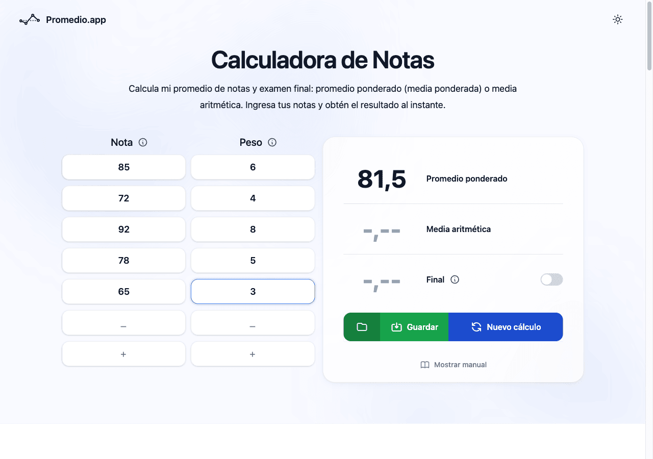 Promedio ponderado por créditos en la calculadora Promedio.app para México (escala 0-100)