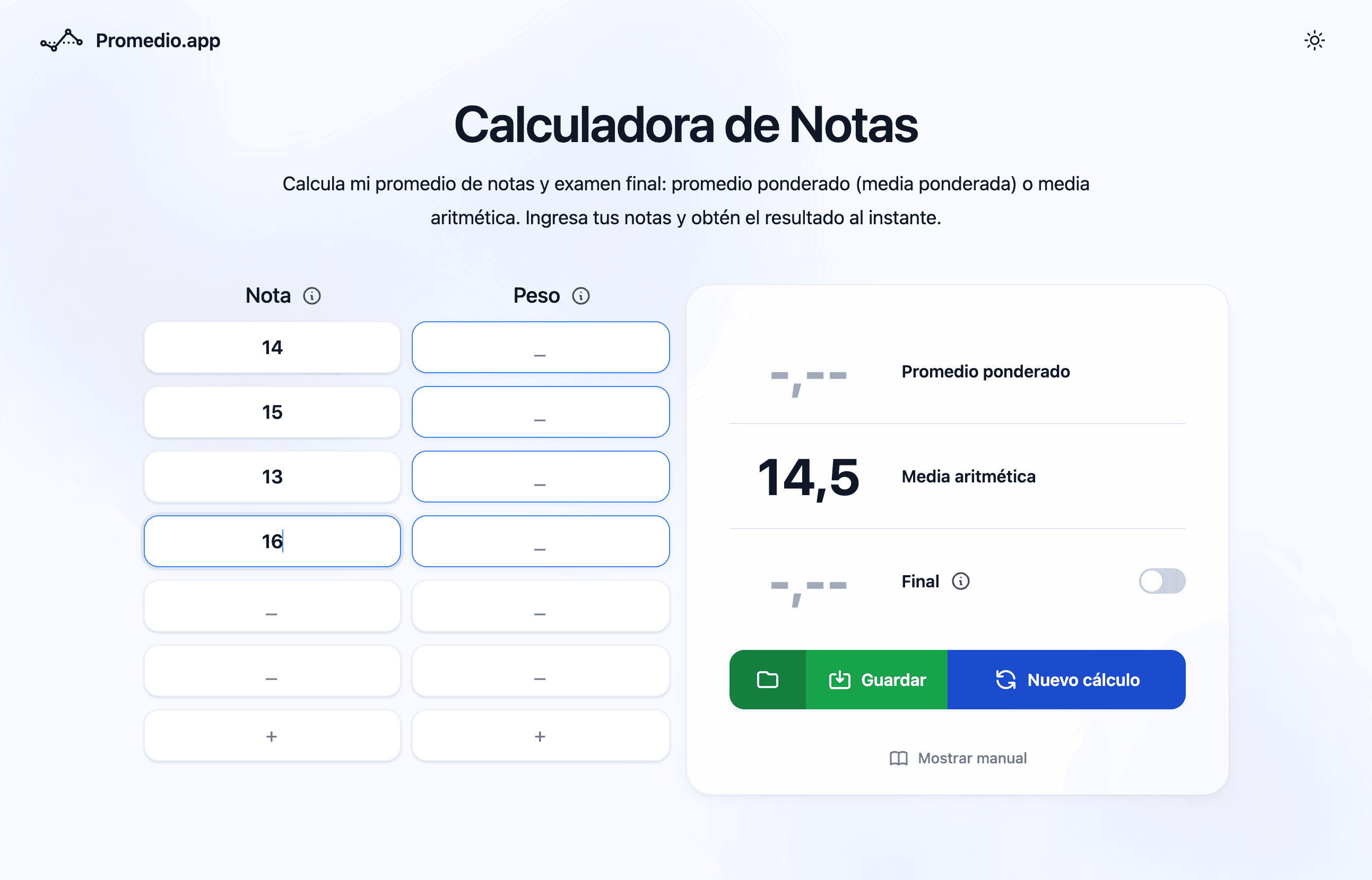 Calculadora de promedio anual en Perú — media de bimestres, escala 0-20