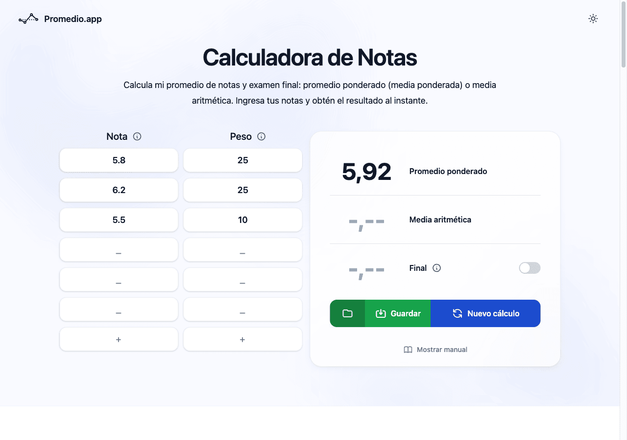 Calculadora de notas con porcentaje Chile en Promedio.app