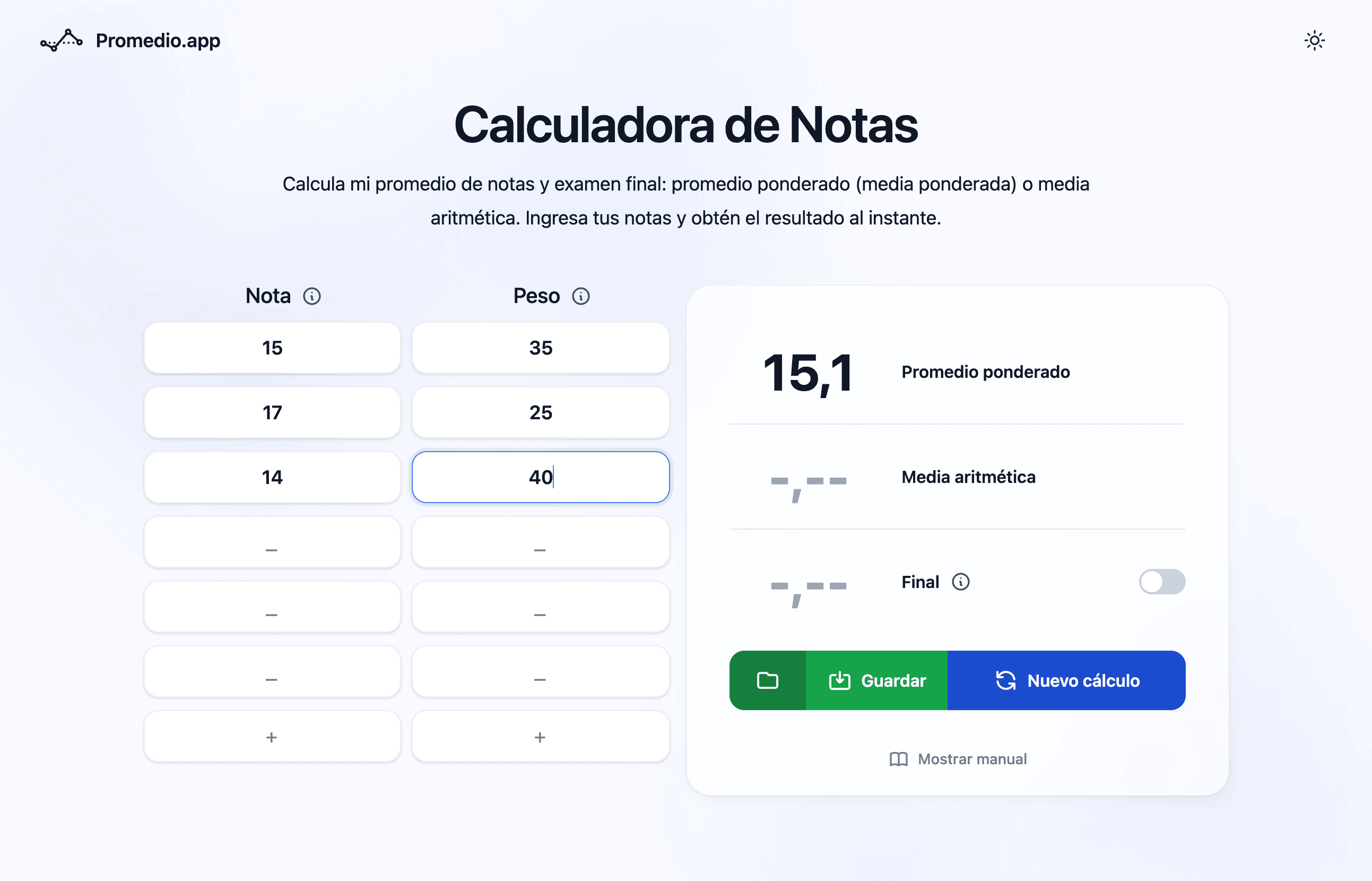 Calculadora de promedio PUCP en Promedio.app