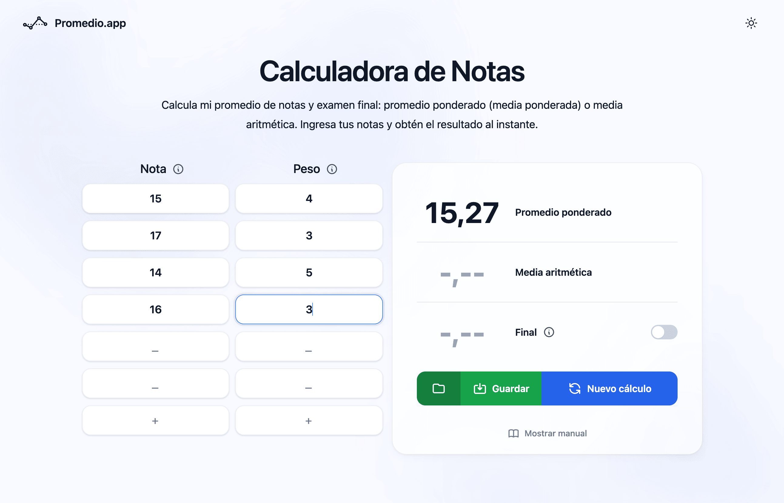 Calculadora de promedio ponderado PUCP con créditos en Promedio.app — escala 0-20