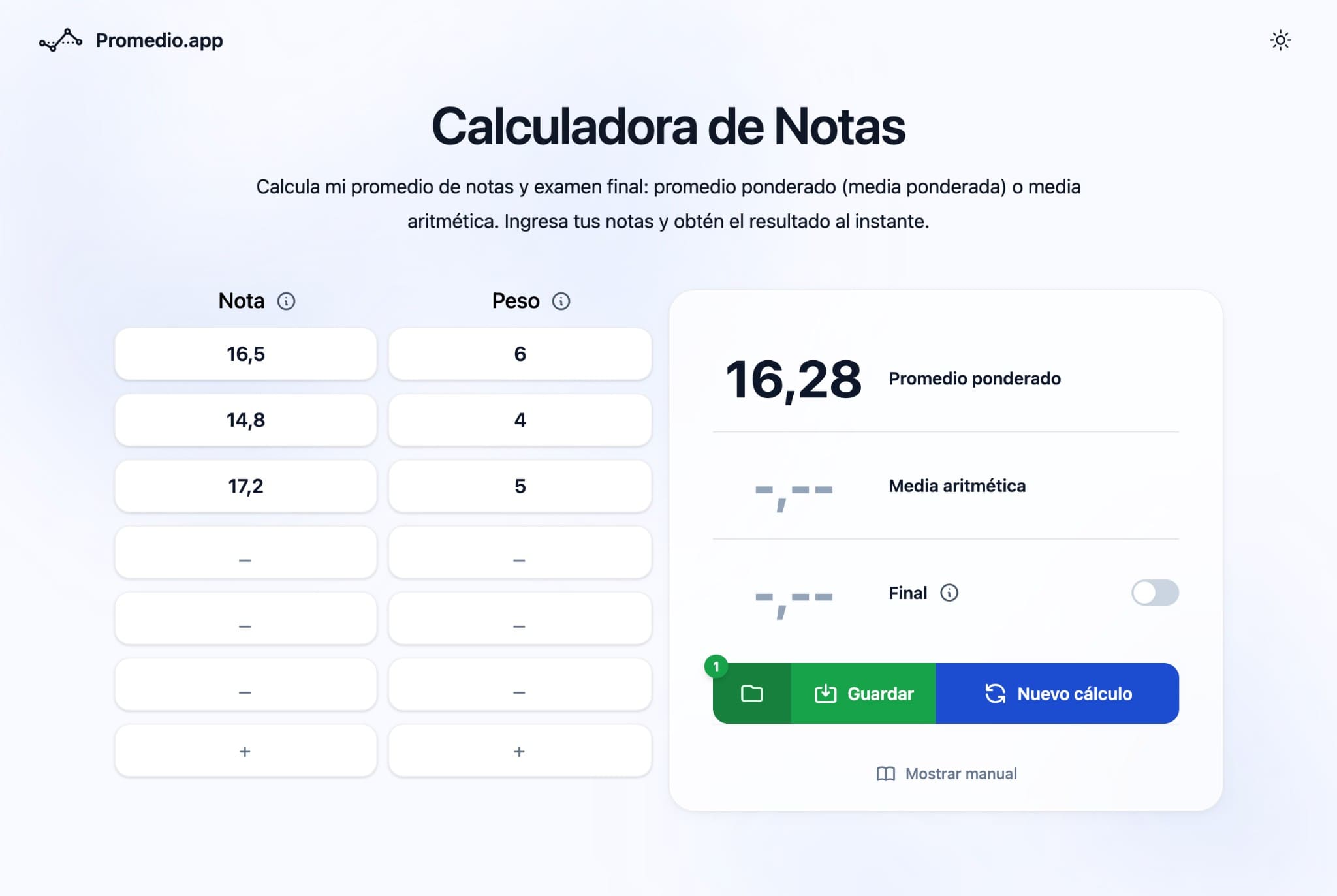 Calculadora de promedio ponderado UCE con créditos en Promedio.app — escala 0-20