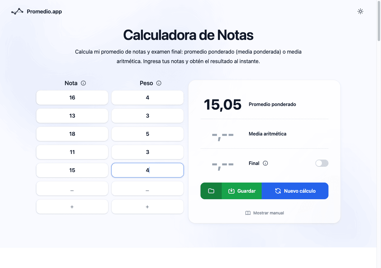 Índice académico ponderado en la calculadora Promedio.app para Venezuela (escala 0-20)