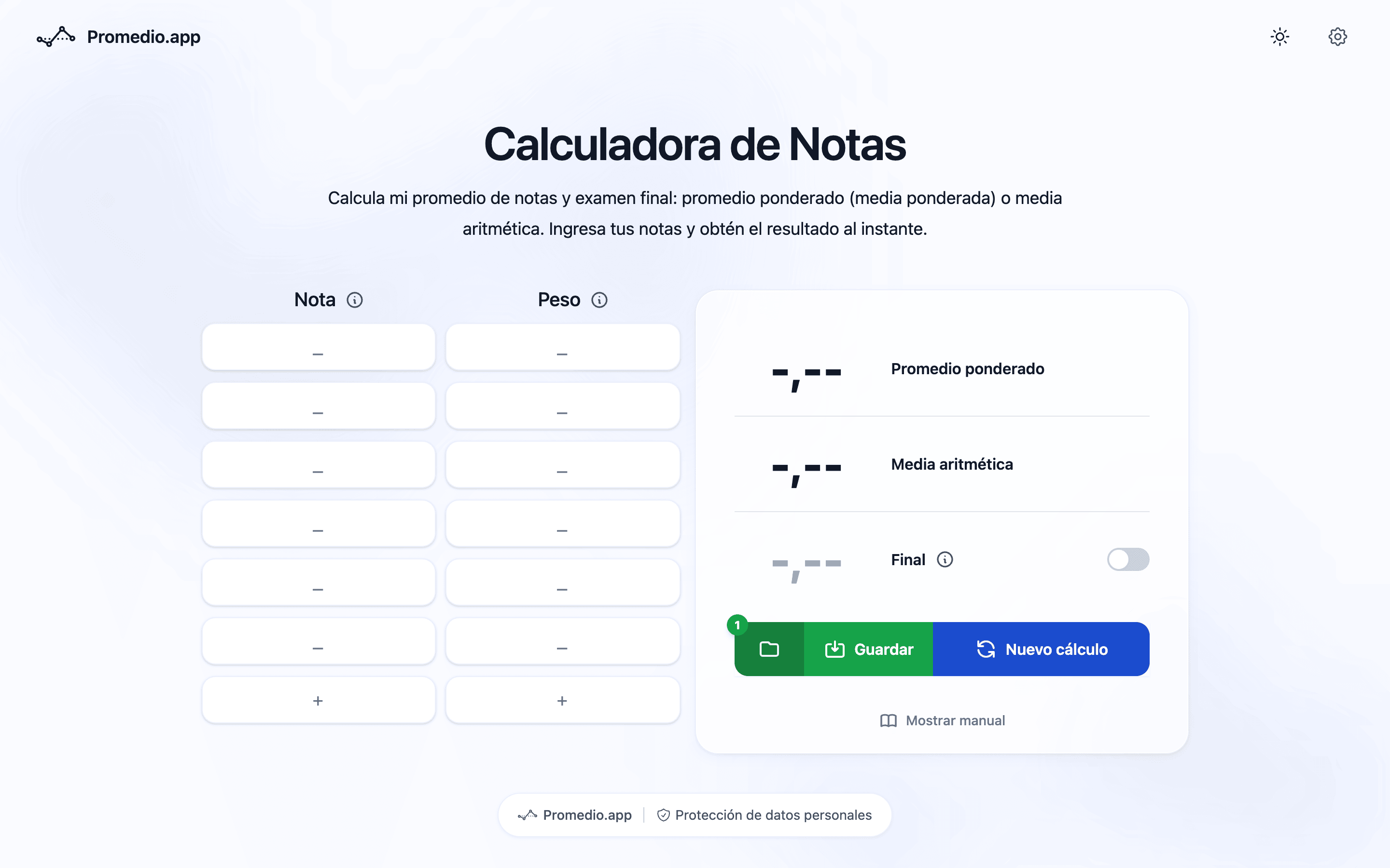 Calculadora de notas: entrada de notas y pesos, resultado ponderado y media aritmética